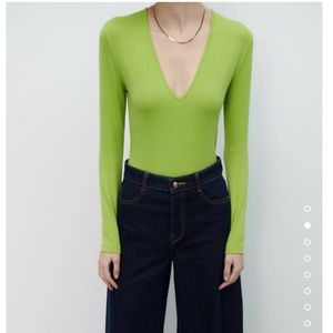 Zara V Neck Green Long Sleeve Bodysuit
